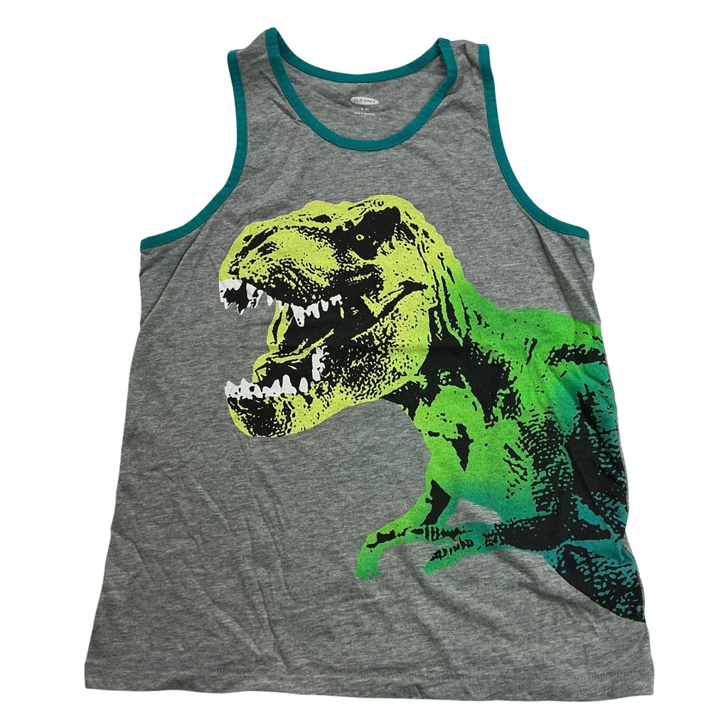 Old Navy Gray T-Rex Graphic Tank Top Kids Size M 8 Dinosaur Teal Trim